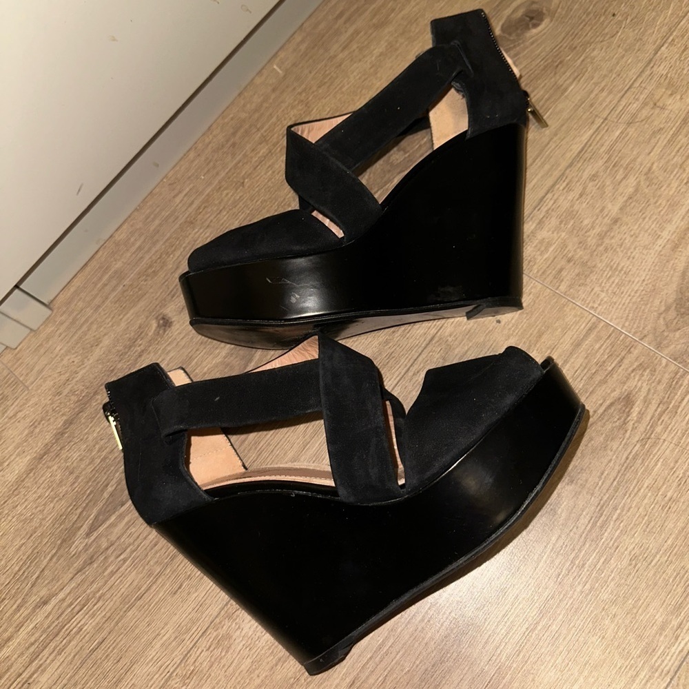 Robert Clergerie Black Suede Peep Toe Wedges Size 37 - Picture 4 of 7